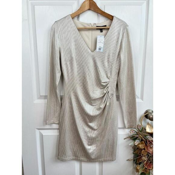 Guess Dress Size 6 Silver Beige Ruched Metallic Long Sleeve VNeck Party - Picture 3 of 10